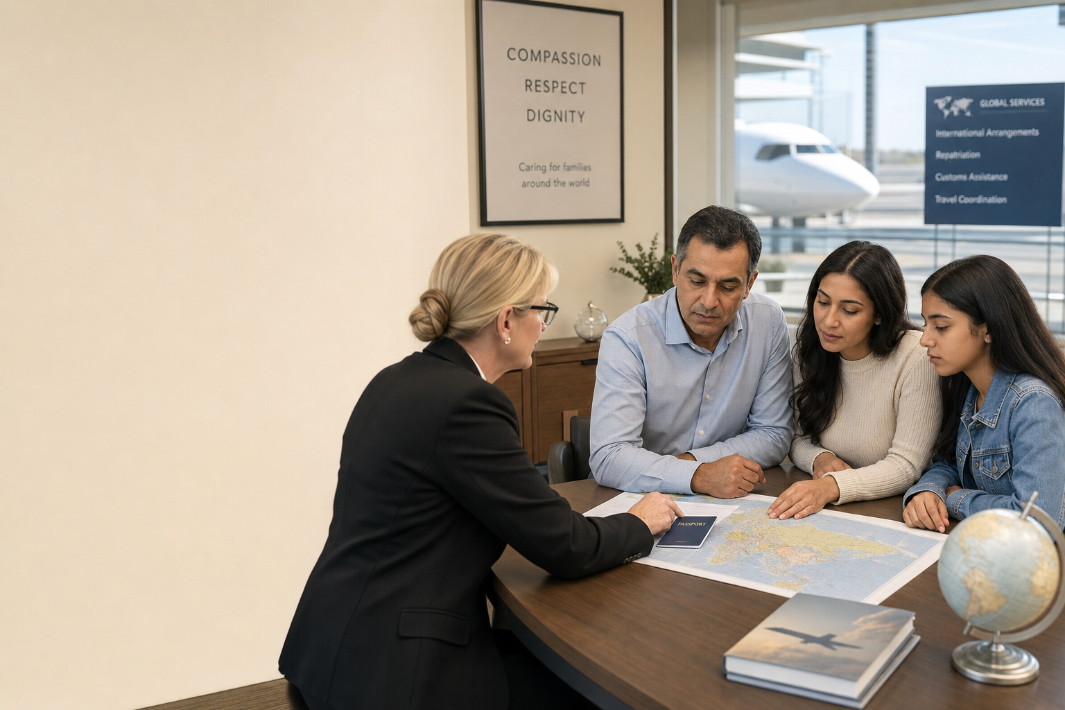Family consulting with a funeral professional about international repatriation arrangements