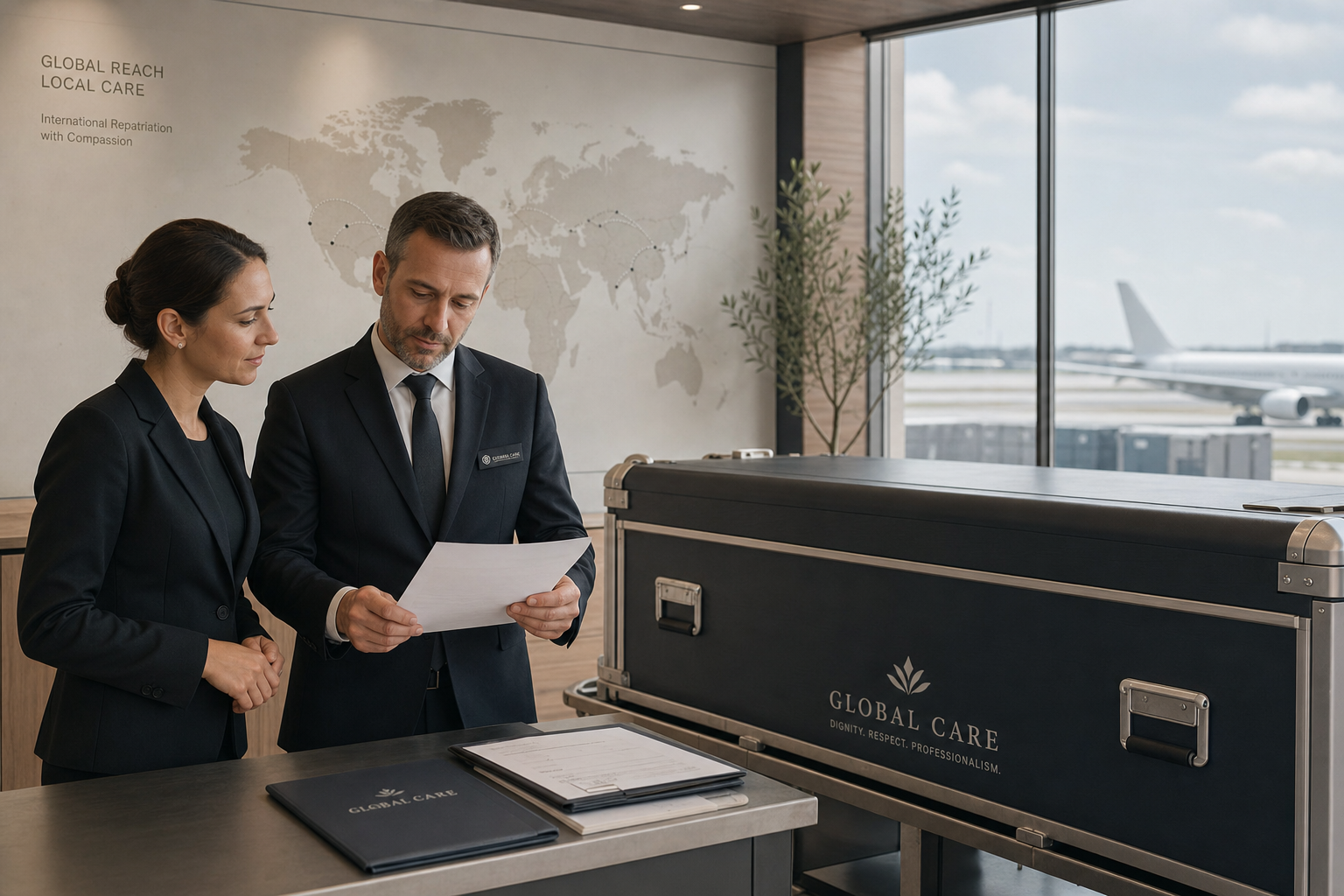 Funeral professionals preparing documentation and a secure transport container for international repatriation
