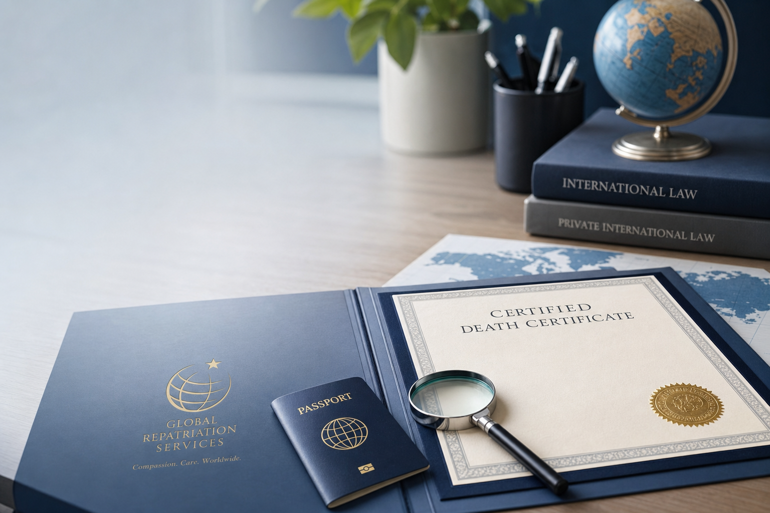 Professional family support and international document preparation concept
