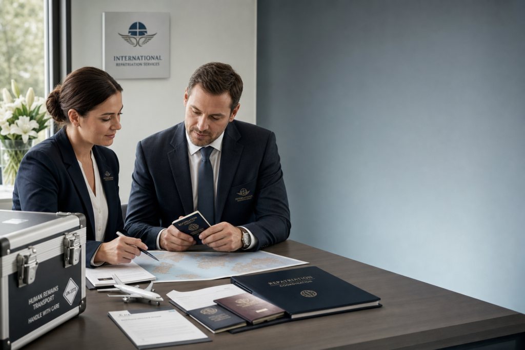Funeral professionals coordinating international air transport arrangements in a modern office