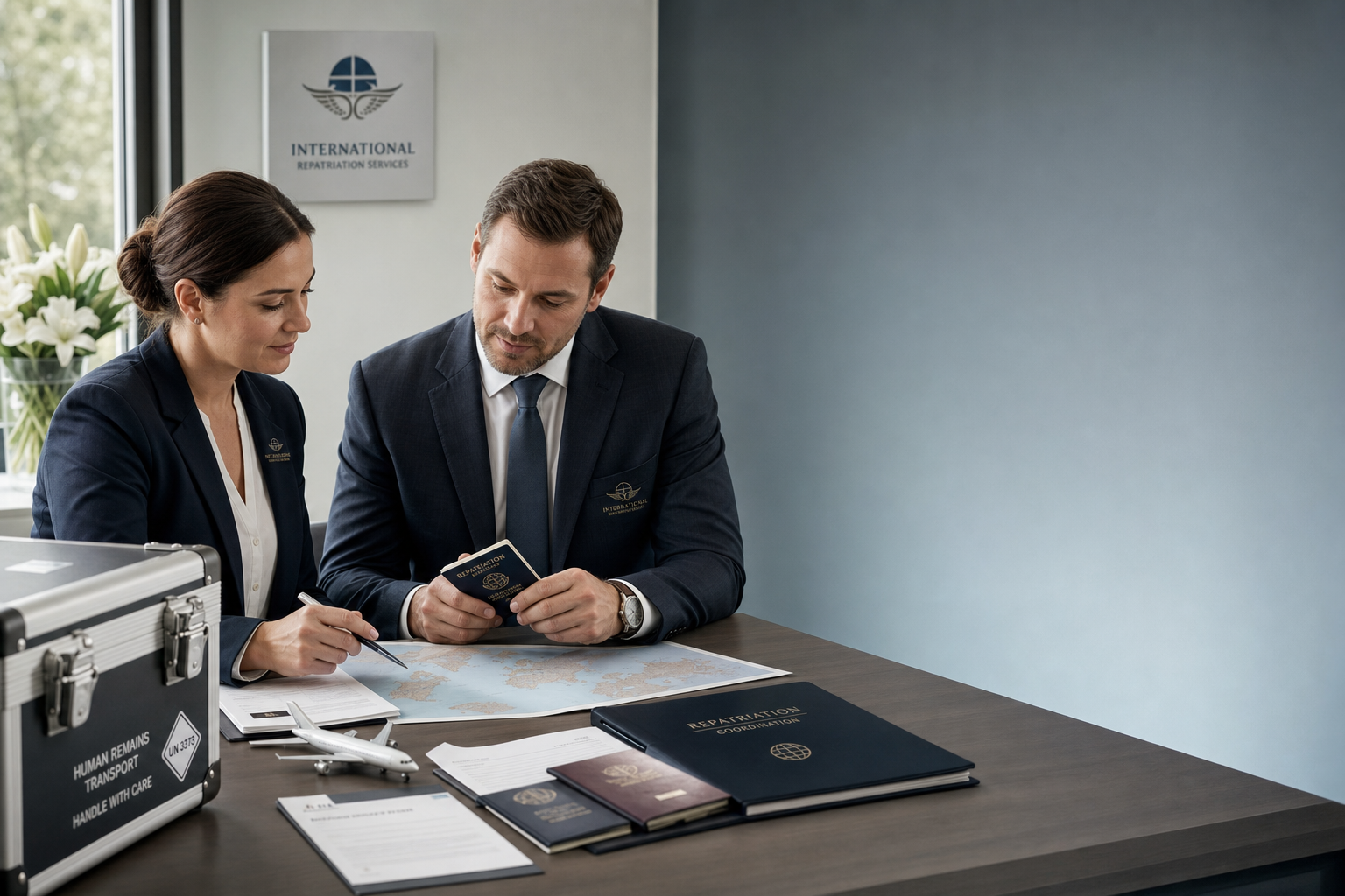Funeral professionals coordinating international air transport arrangements in a modern office
