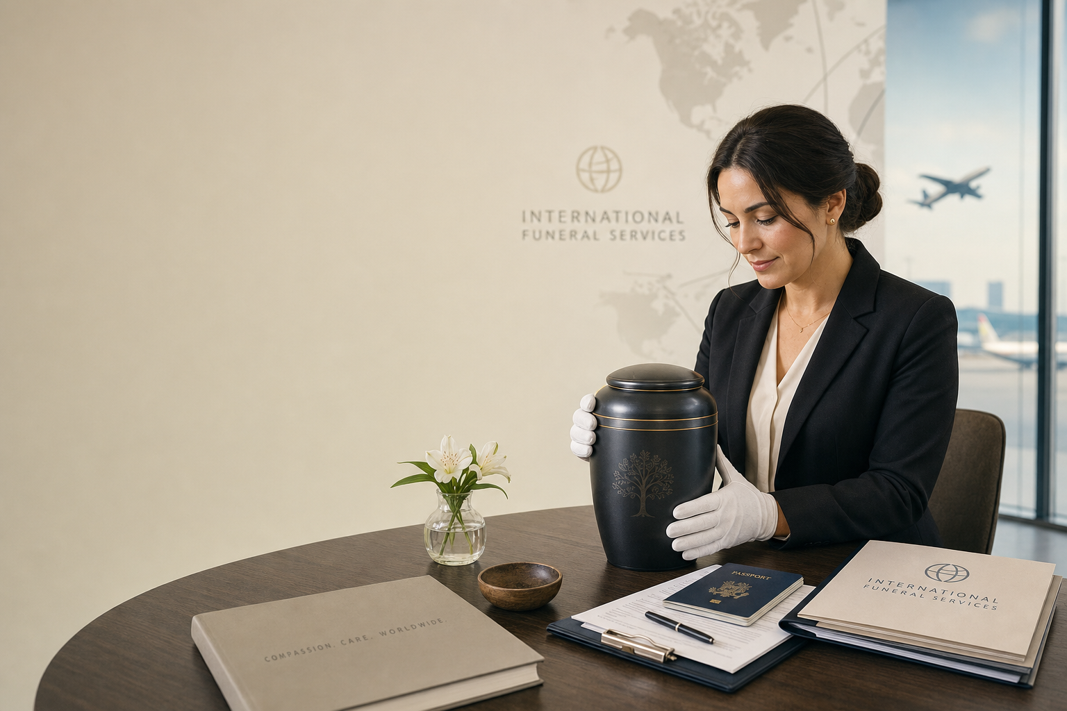 Professional family services coordinator preparing cremated remains for international travel