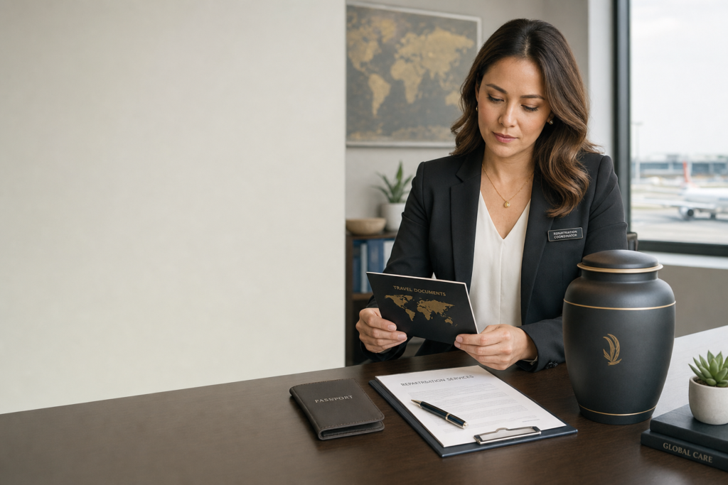 Professional international repatriation coordinator preparing documentation for a cremation urn