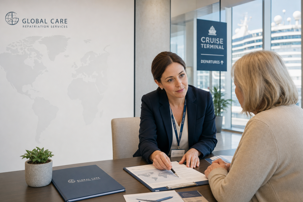 Professionals coordinating international repatriation after a death on a cruise ship