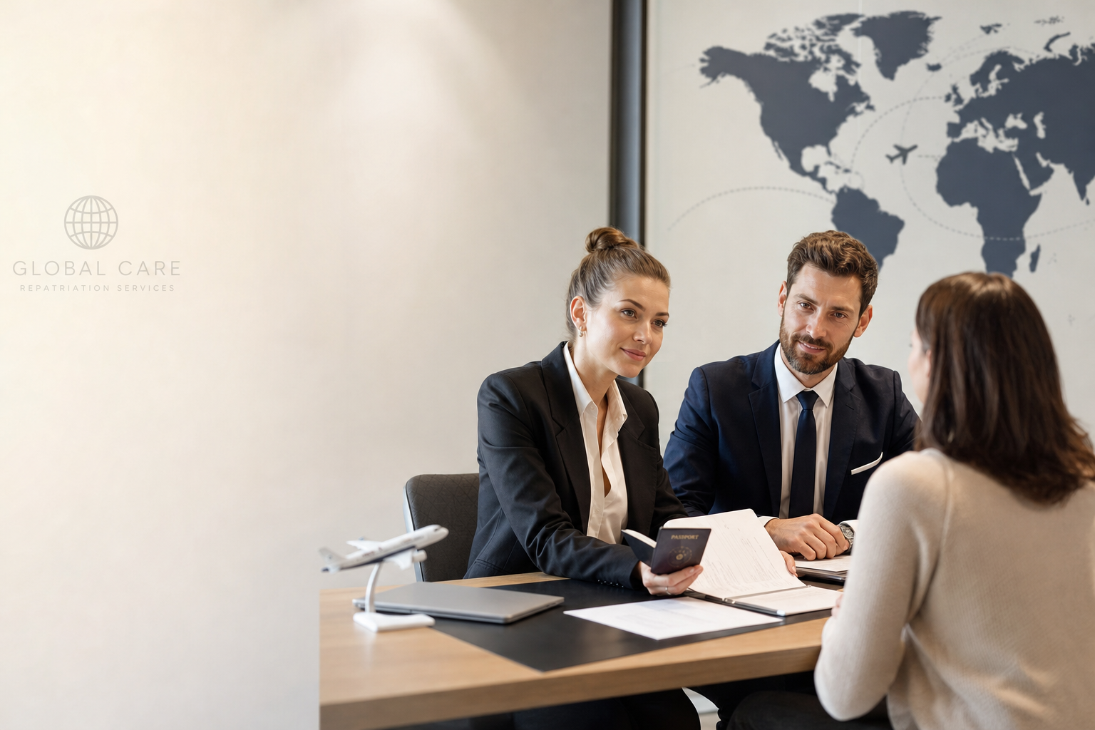 Professionals coordinating international repatriation arrangements in a modern office