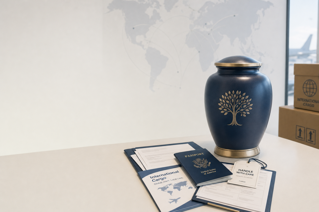 Professional international transportation of cremated remains with a sealed urn, travel documents, and an airport logistics setting