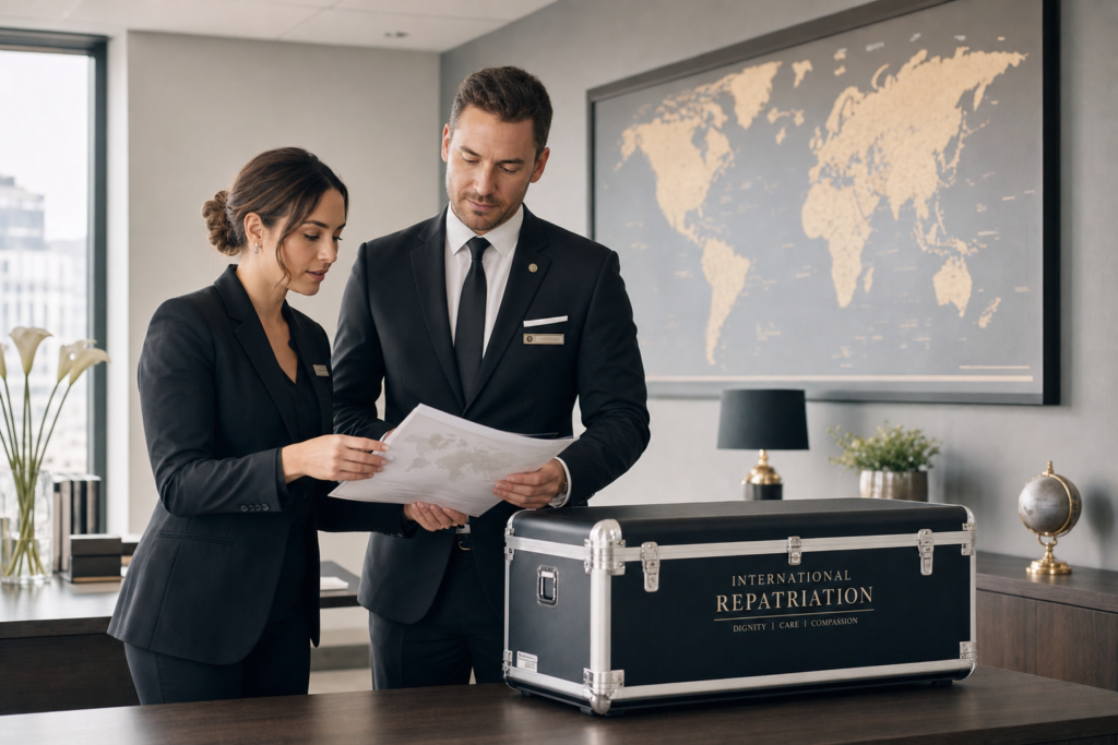 Funeral professionals coordinating international repatriation arrangements in a modern office
