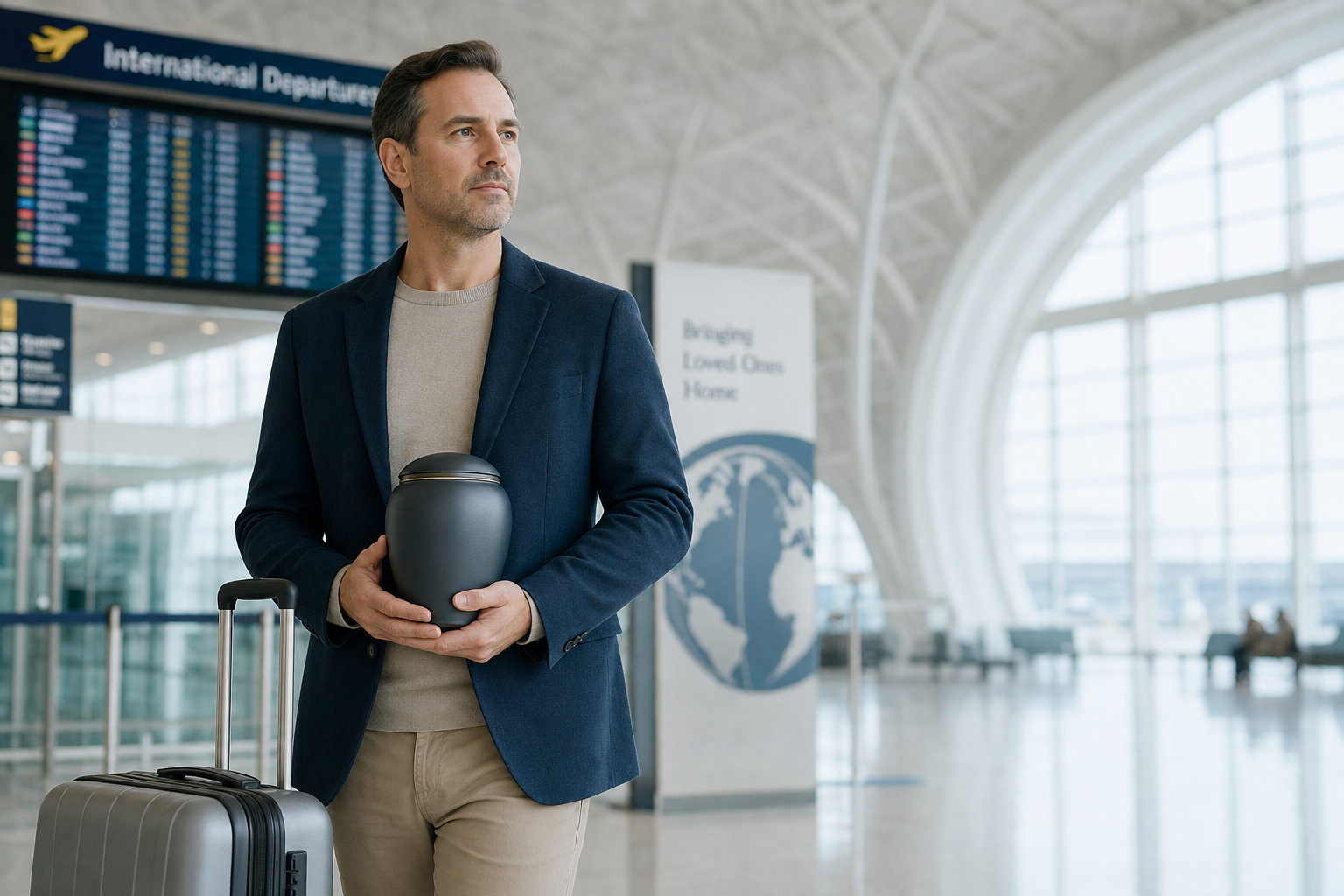 Family member carrying a discreet travel urn through a modern international airport