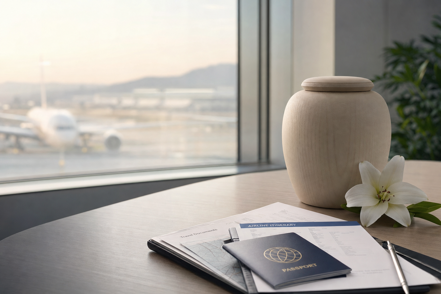 Professional travel documents and a simple urn arranged on a table beside an airport window