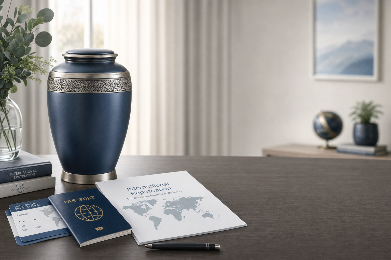 Family member holding a travel document beside a secure urn for international transport